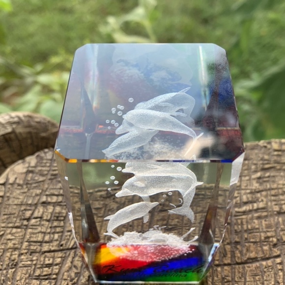 3D Laser Etched Crystal Cube Paperweight Dolphins Swimming Seaweed Kure Beach NC - Picture 2 of 13